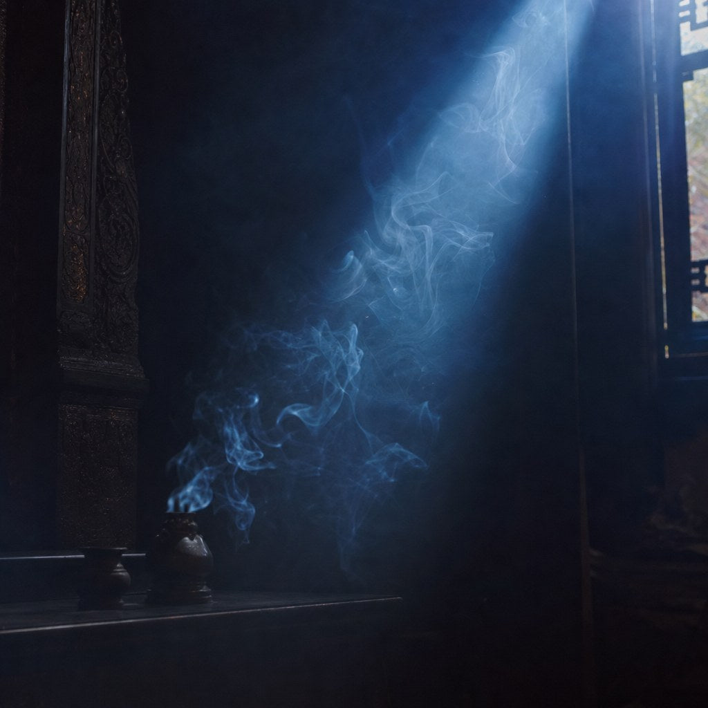 Incense smoke in a shaft of window light in a quiet room