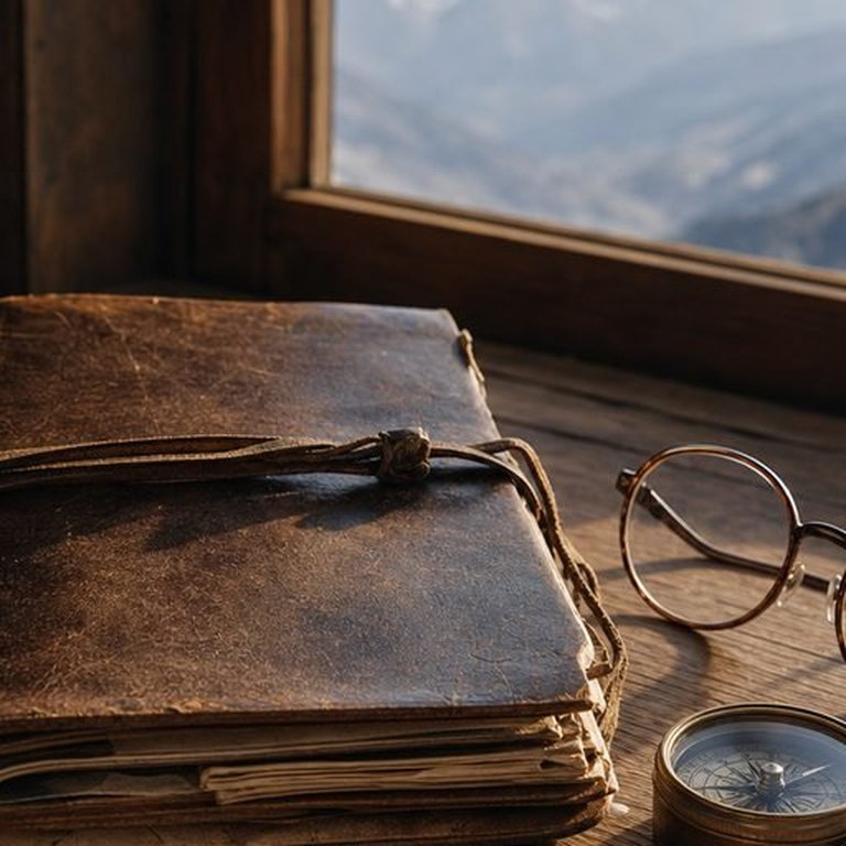 A leather journal, round glasses, and a compass on a wooden sill with mountains in the window