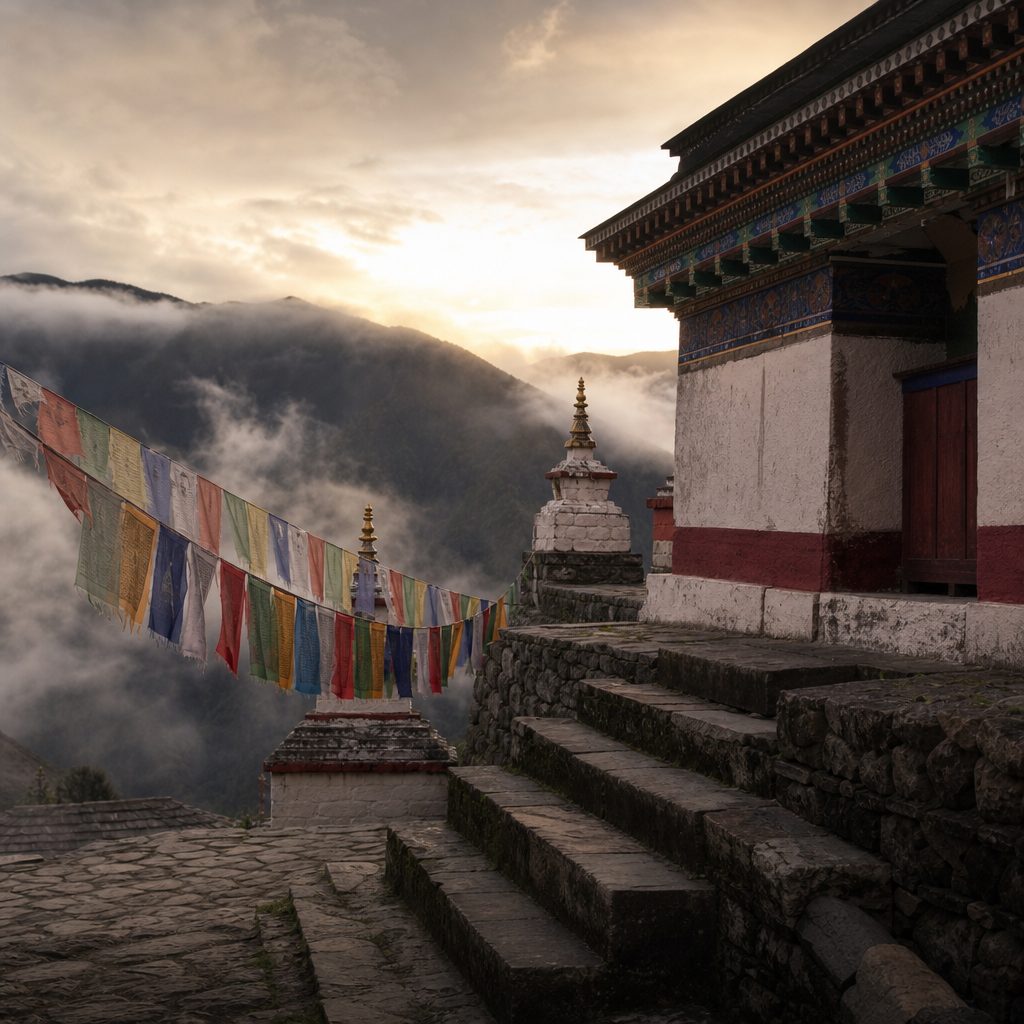 Misty monastery courtyard atmosphere for Tibetan copper tradition