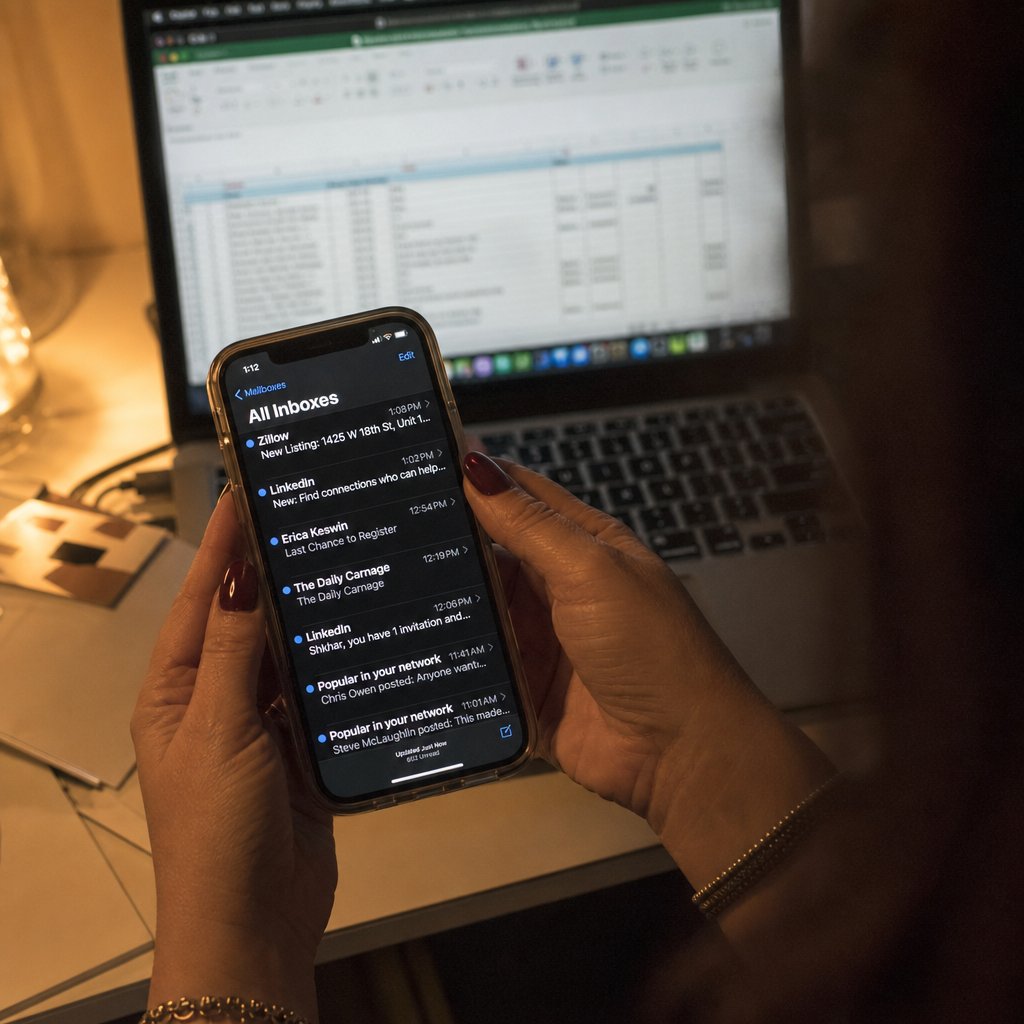 Hands holding a phone full of late-night emails in front of a laptop
