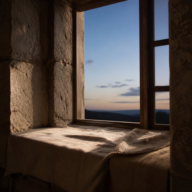 Soft evening light at an empty stone window recess