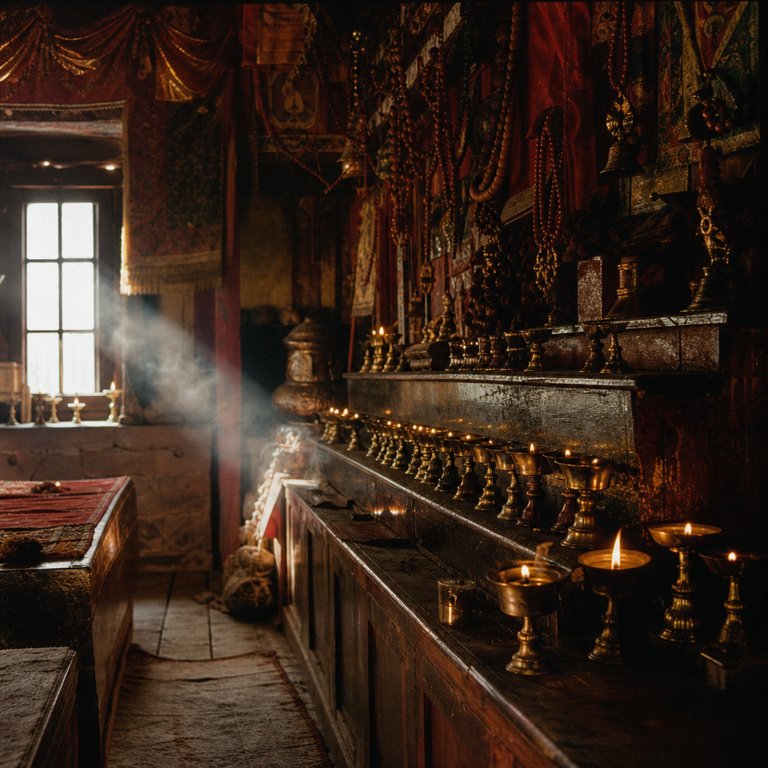 Butter lamps and hanging prayer beads in a monastery hall
