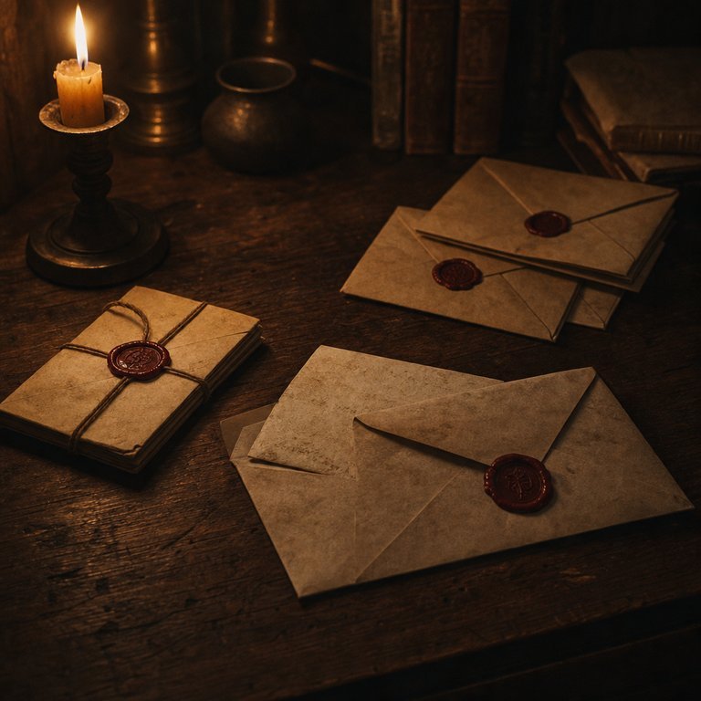 Sealed letters on a wooden desk by candlelight