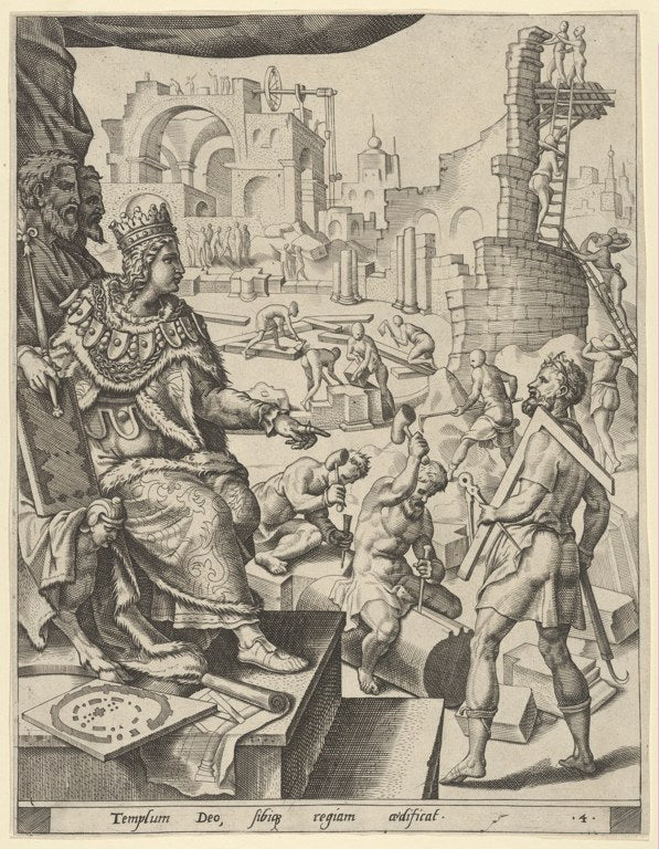 Solomon and builders at the construction of the Temple in a sixteenth-century engraving