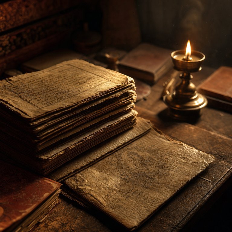 Old monastery papers and a butter lamp on a wooden table