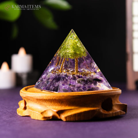 Peridot with Amethyst Tree of Life Orgonite Pyramid