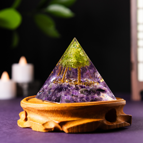 Peridot with Amethyst Tree of Life Orgonite Pyramid