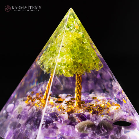 Peridot with Amethyst Tree of Life Orgonite Pyramid