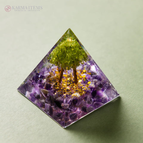 Peridot with Amethyst Tree of Life Orgonite Pyramid