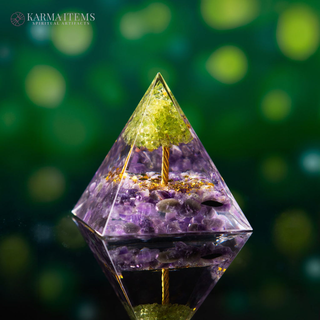 Peridot with Amethyst Tree of Life Orgonite Pyramid