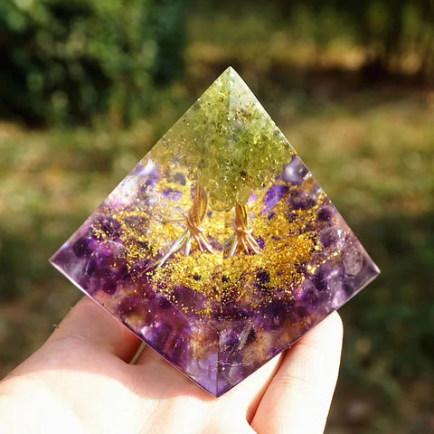 Peridot with Amethyst Tree of Life Orgonite Pyramid