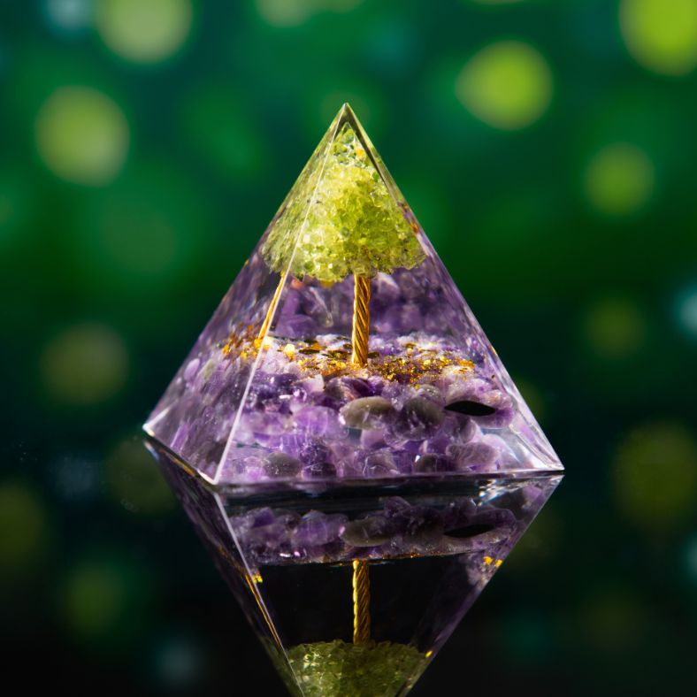 Peridot with Amethyst Tree of Life Orgonite Pyramid