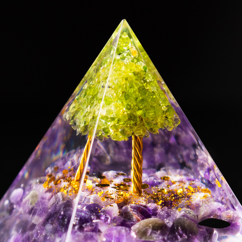 Peridot with Amethyst Tree of Life Orgonite Pyramid