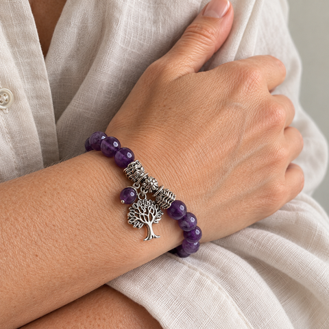 Woman wearing the Amethyst Tree of Life Bracelet