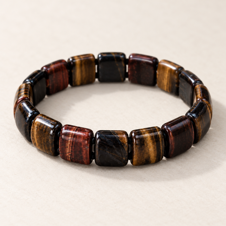Determination Tiger Iron Bracelet with polished rectangular beads, studio view