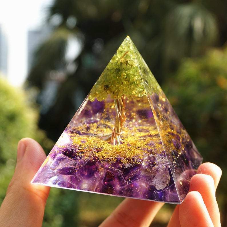 Peridot with Amethyst Tree of Life Orgonite Pyramid