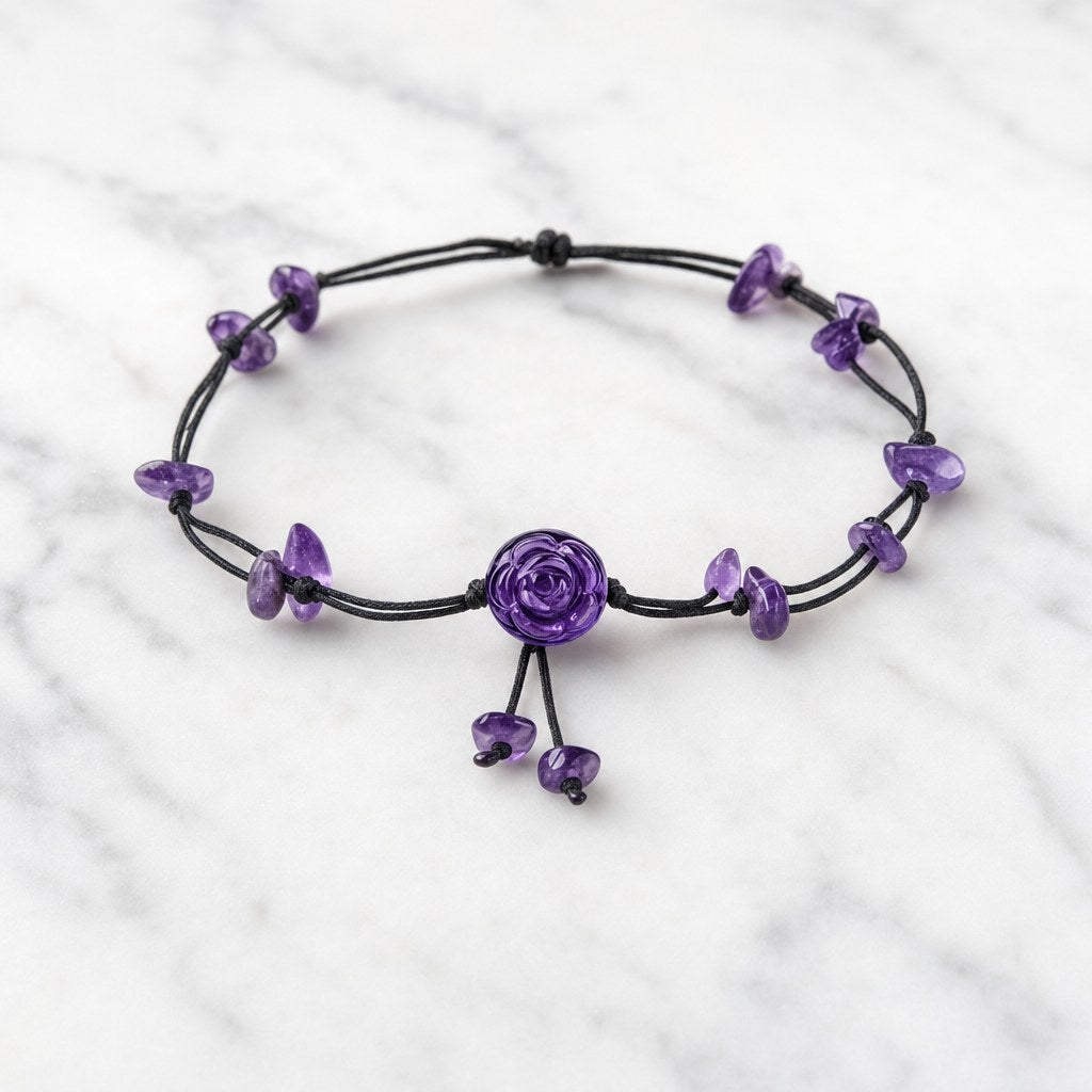 Amethyst Healing Anklet — amethyst chips and carved rose centerpiece on black cord