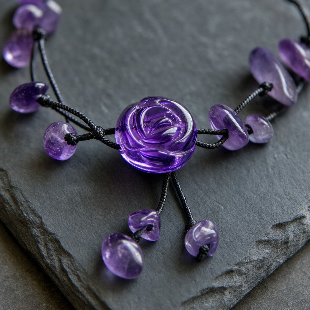Amethyst Healing Anklet — carved amethyst rose close-up