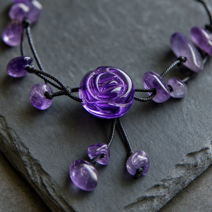 Amethyst Healing Anklet — carved amethyst rose close-up