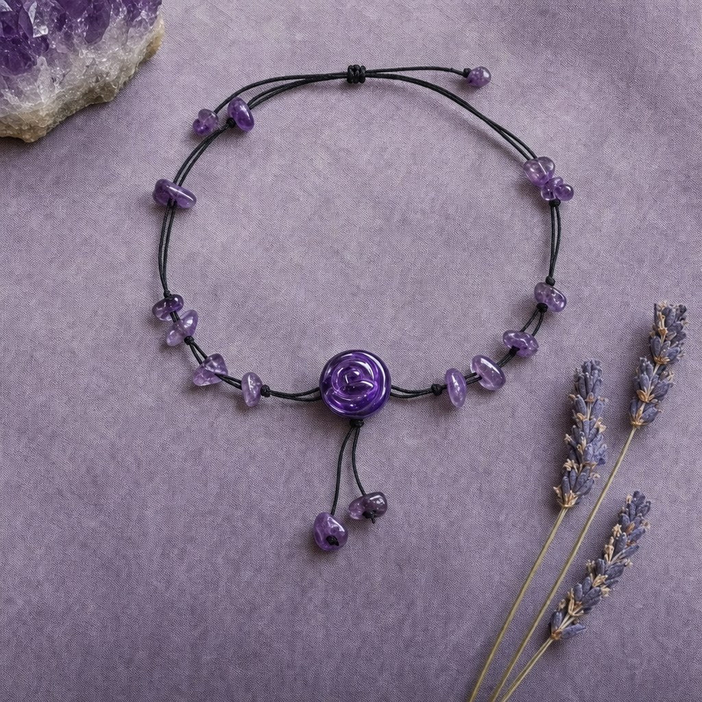 Amethyst Healing Anklet with raw amethyst and lavender