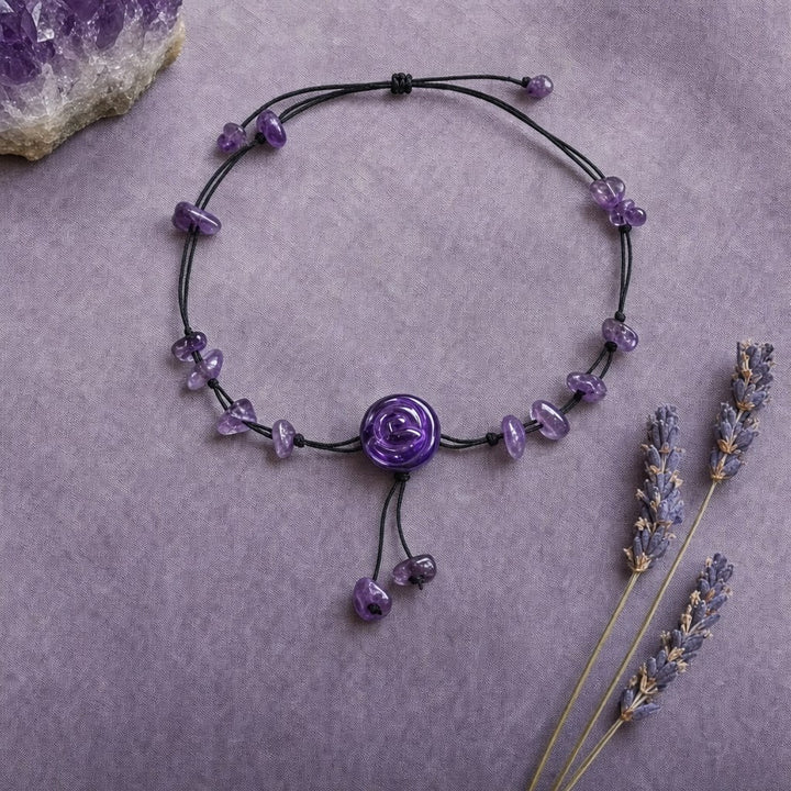 Amethyst Healing Anklet with raw amethyst and lavender