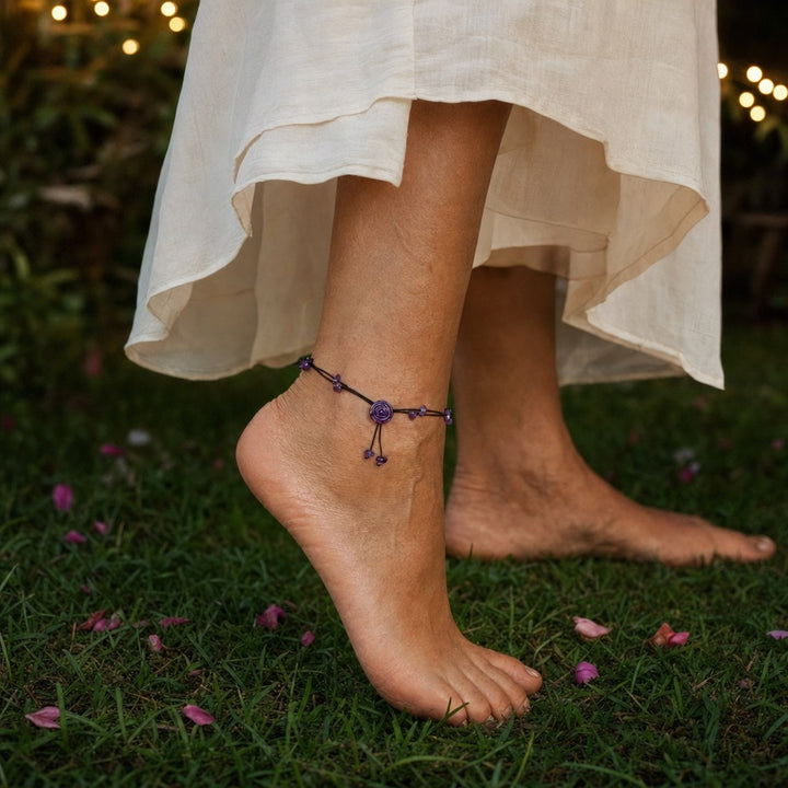 Amethyst Healing Anklet worn in the garden at dusk