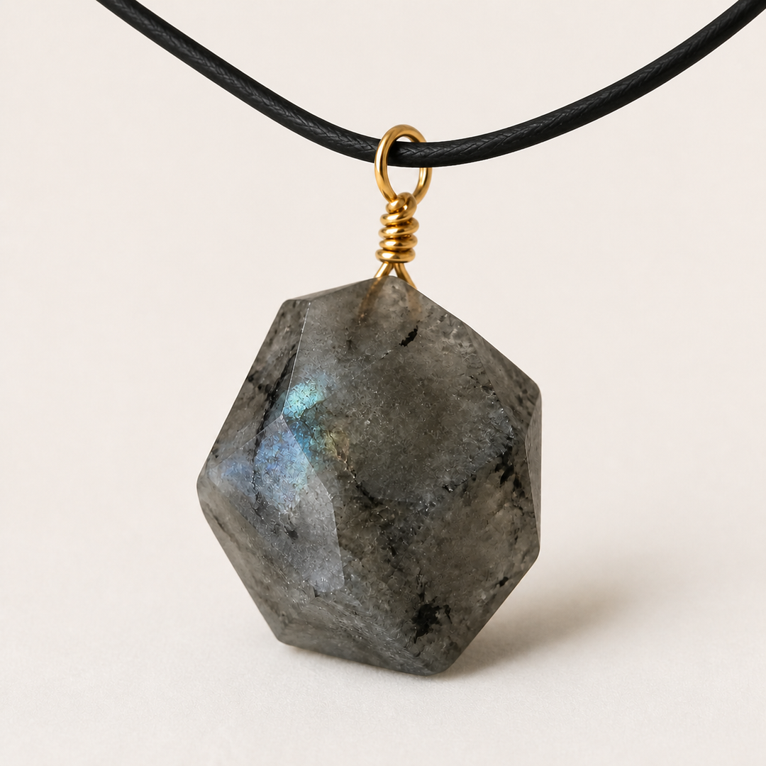 Celestial Relic Labradorite Soul Transformation Pendant on a black cord