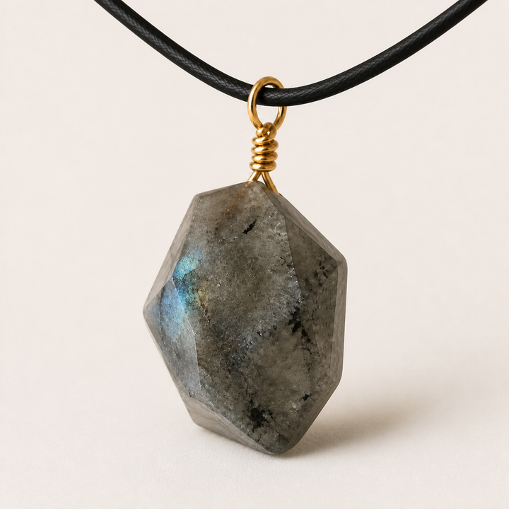 Labradorite pendant on black cord, three-quarter angle