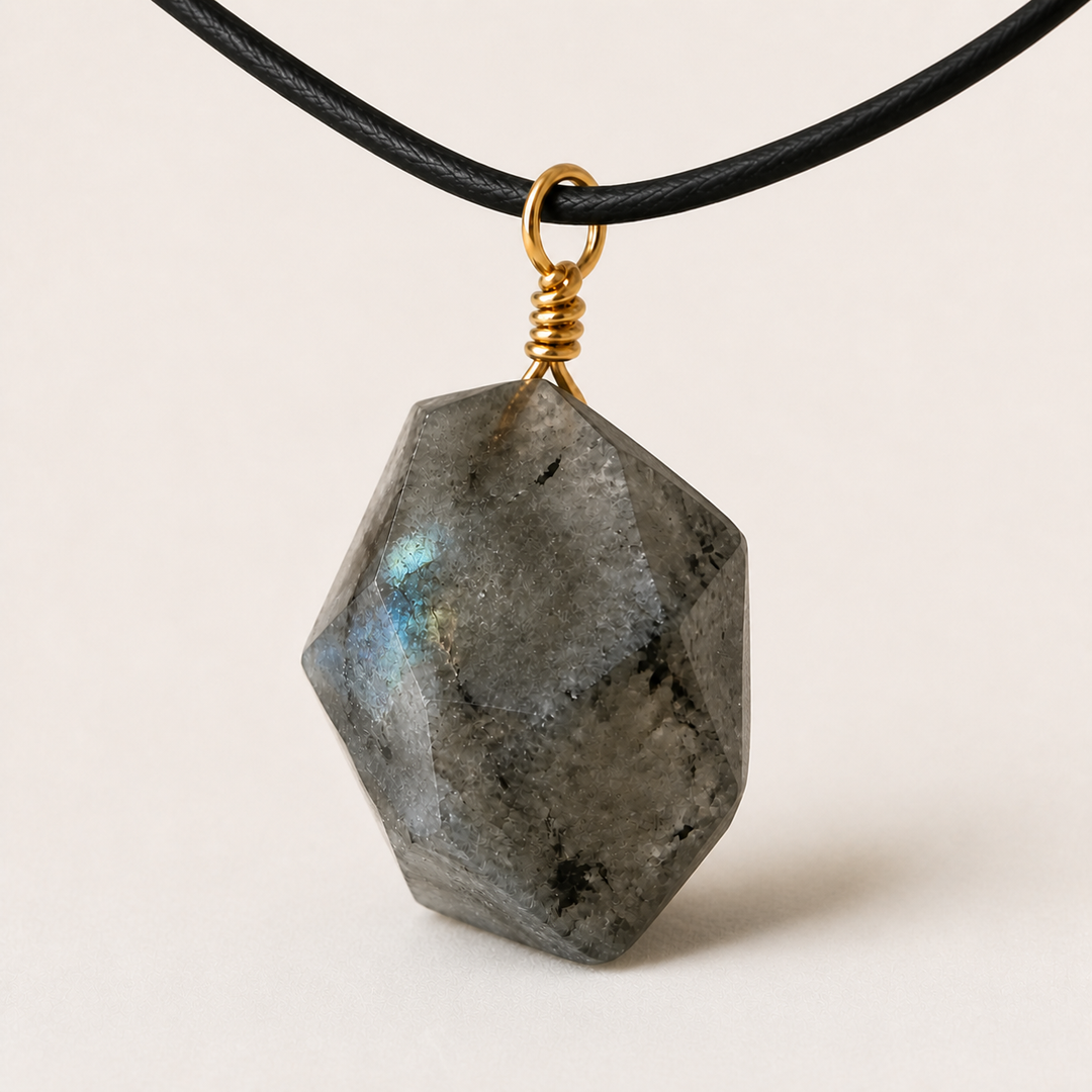 Labradorite pendant on black cord, side profile