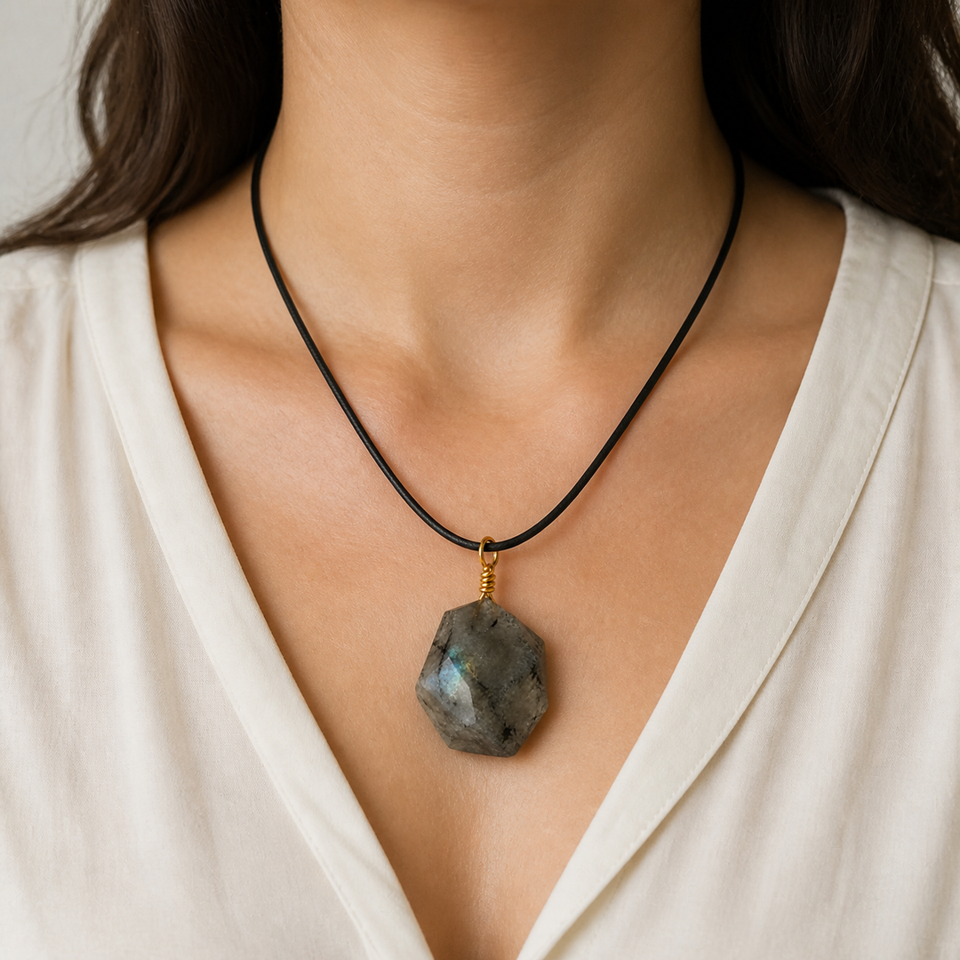 Labradorite pendant worn on a 20-inch black cord