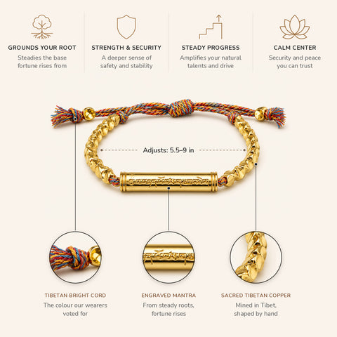 Tibetan Bracelet of Fortune: Reborn features: engraved Root Fortune Mantra, sacred Tibetan copper, Tibetan Bright cord, adjusts 5.5 to 9 inches