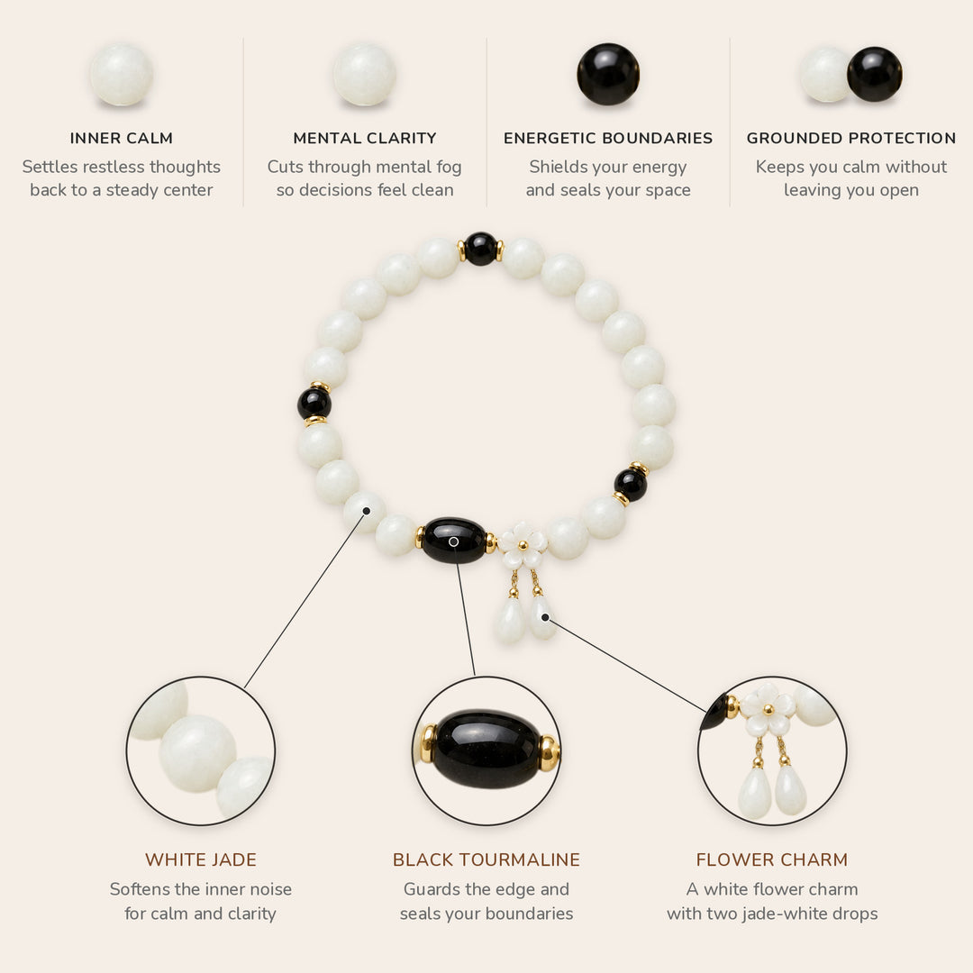 White Jade Guardian Bracelet benefits: inner calm, mental clarity, energetic boundaries, grounded protection; close-ups of the white jade, black tourmaline and flower charm