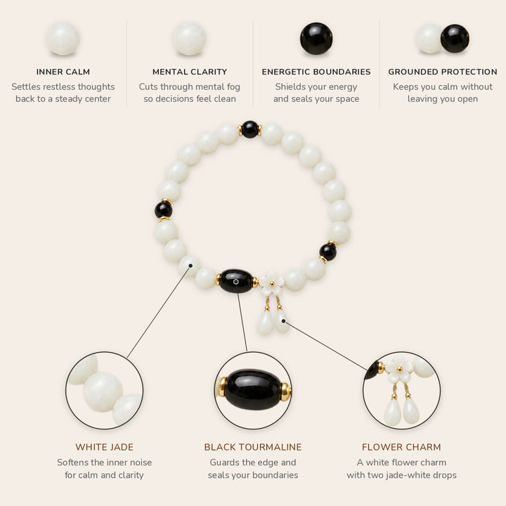 White Jade Guardian Bracelet benefits: inner calm, mental clarity, energetic boundaries, grounded protection; close-ups of the white jade, black tourmaline and flower charm